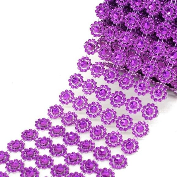 1 Yard Flower Diamond Mesh Faux Rhinestone Purple Ribbon Wrap - Picture 1 of 1